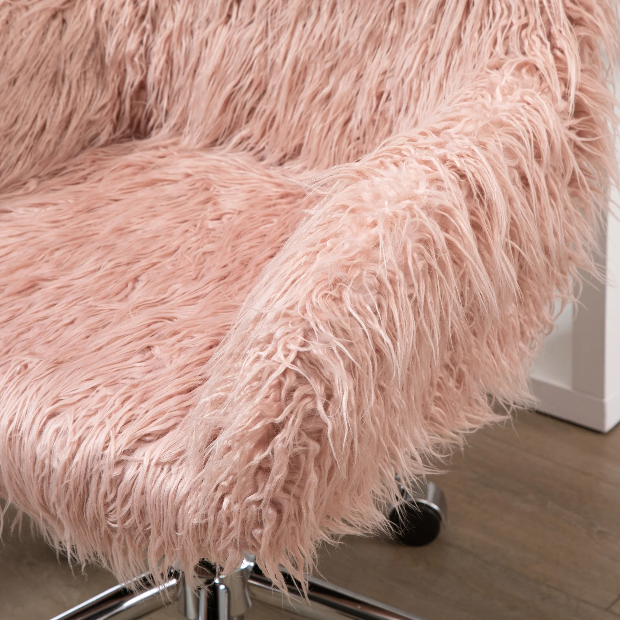 Swivel Faux Fur Office Chair, Vanity Chair W/ Adjustable Height, Wheels, Pink 5