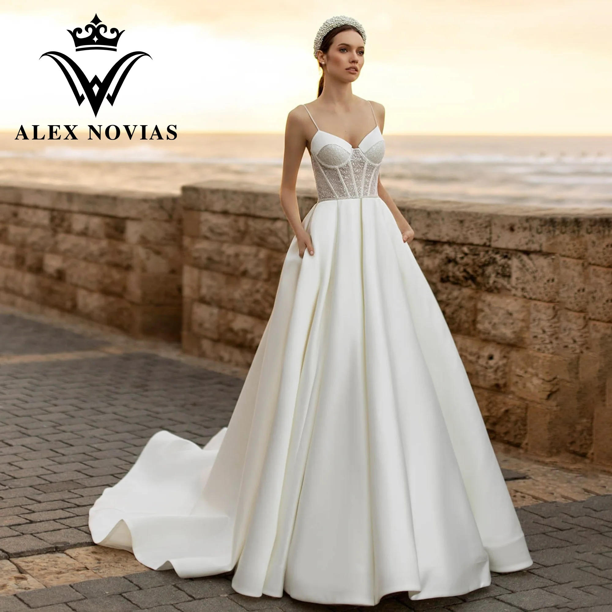

ALEX NOVIAS A-Line Satin Wedding Dress Pockets 2023 Sweetheart Spaghetti Straps Shining Wedding Gown Vestidos Novias De Saten