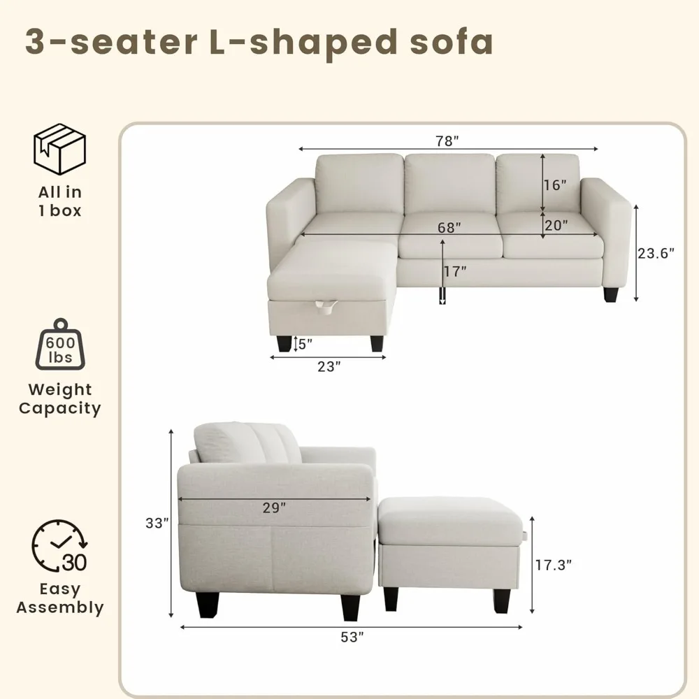 Couches for Living Room-L Shape Cloud Couch-Small Modular 3 Seat Sectional-Comfy with Couches for Living Room