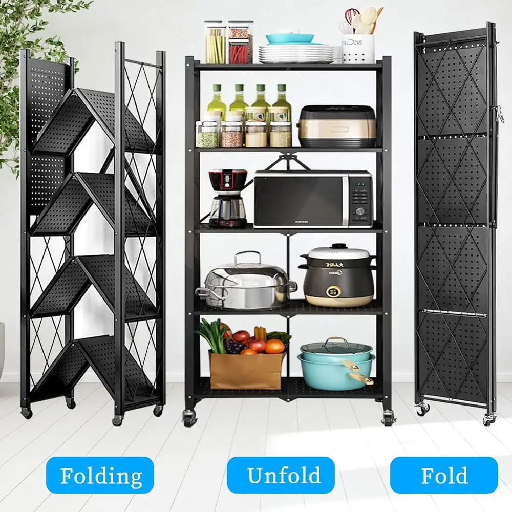 5 Tier Metal Storage Shelves with Wheels Heavy Duty Foldable Garage Shelving Unit for Easy Organization Ideal for Kitchen Garage 4