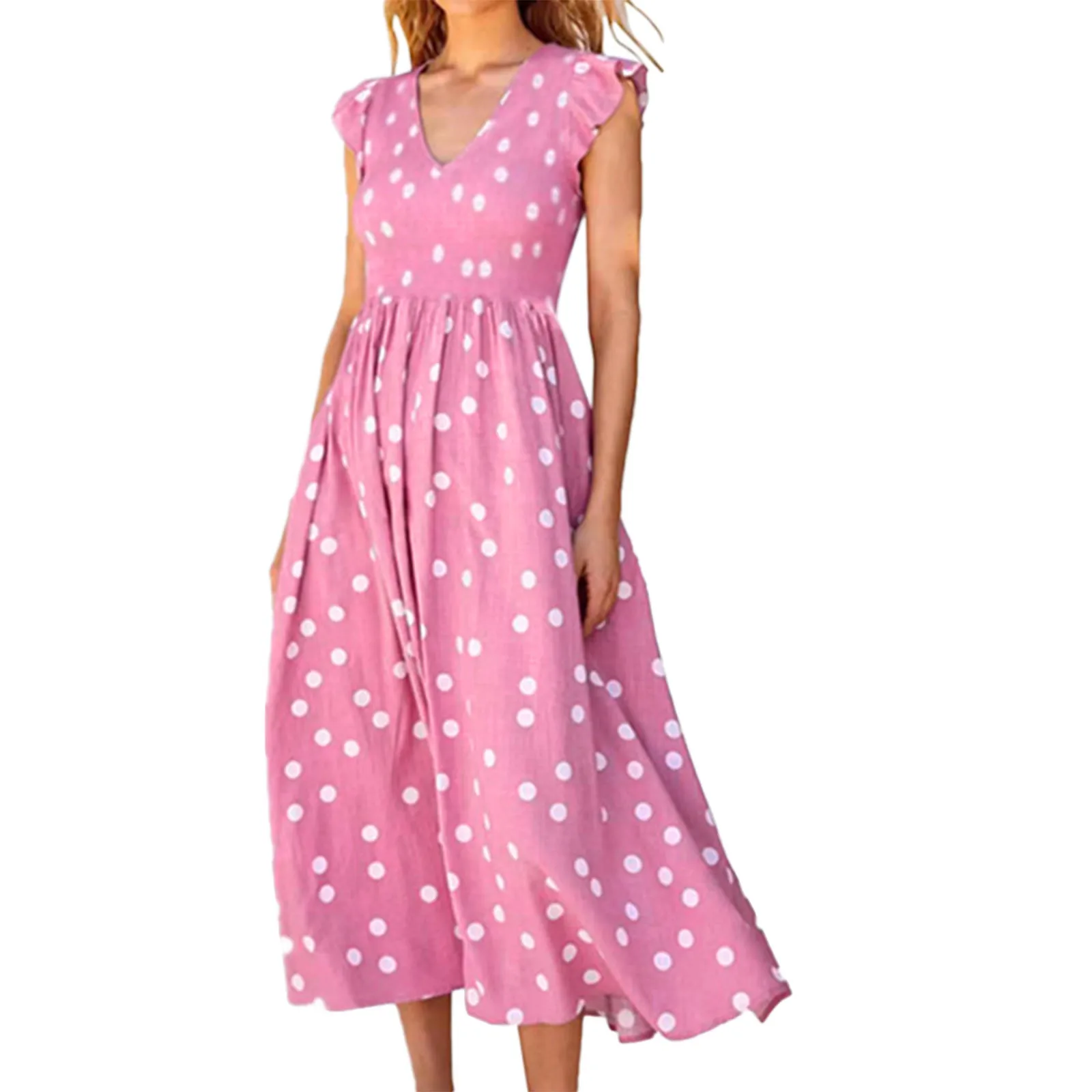 

2023 Women Summer Casual Polka Dot Sleeveless Midi Dresses V Neck Pleated High Waist Tank Dress Women Flowy Beach Long Vestidos