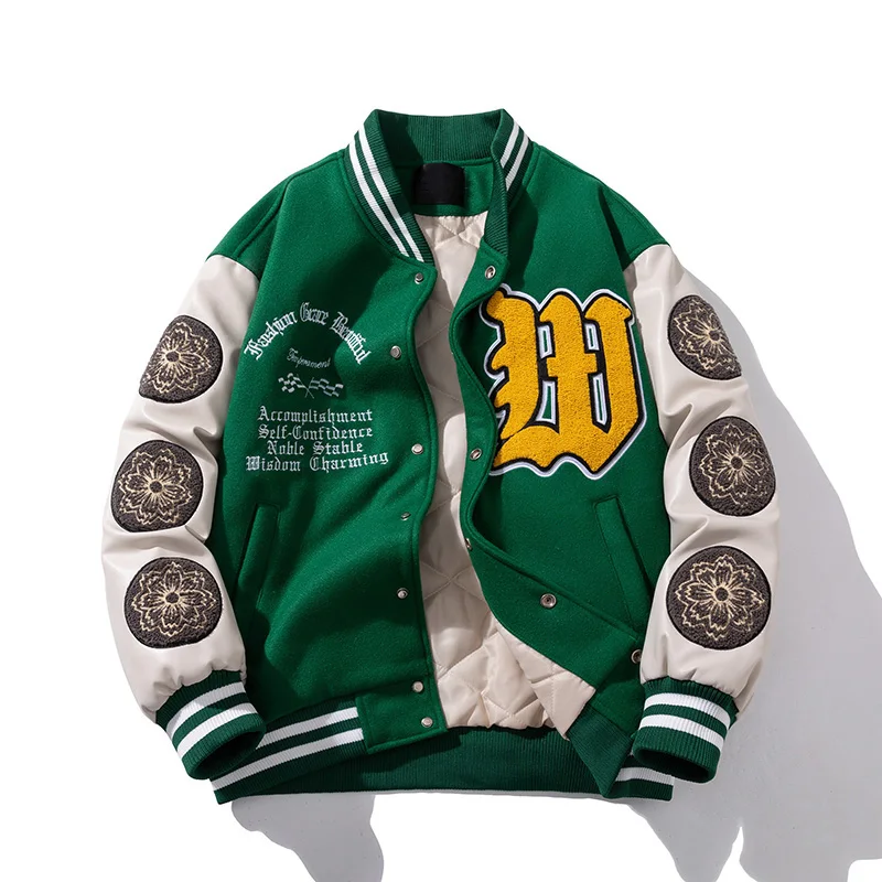 

New Vintage Varsity Jacket Men Winter Letter Embroidery Baseball Jacket Leather Sleeve Fashion Woolen Unisex Warm Green Coat 838