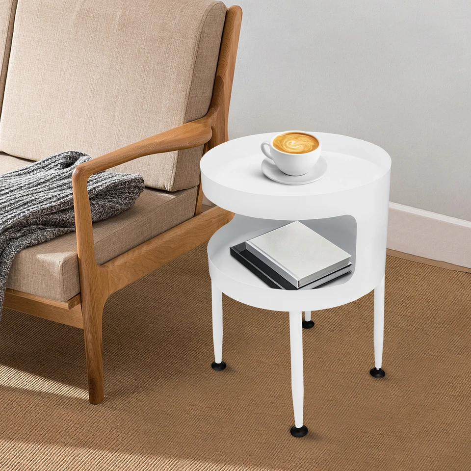 White Round Iron Side Table with Storage Shelf