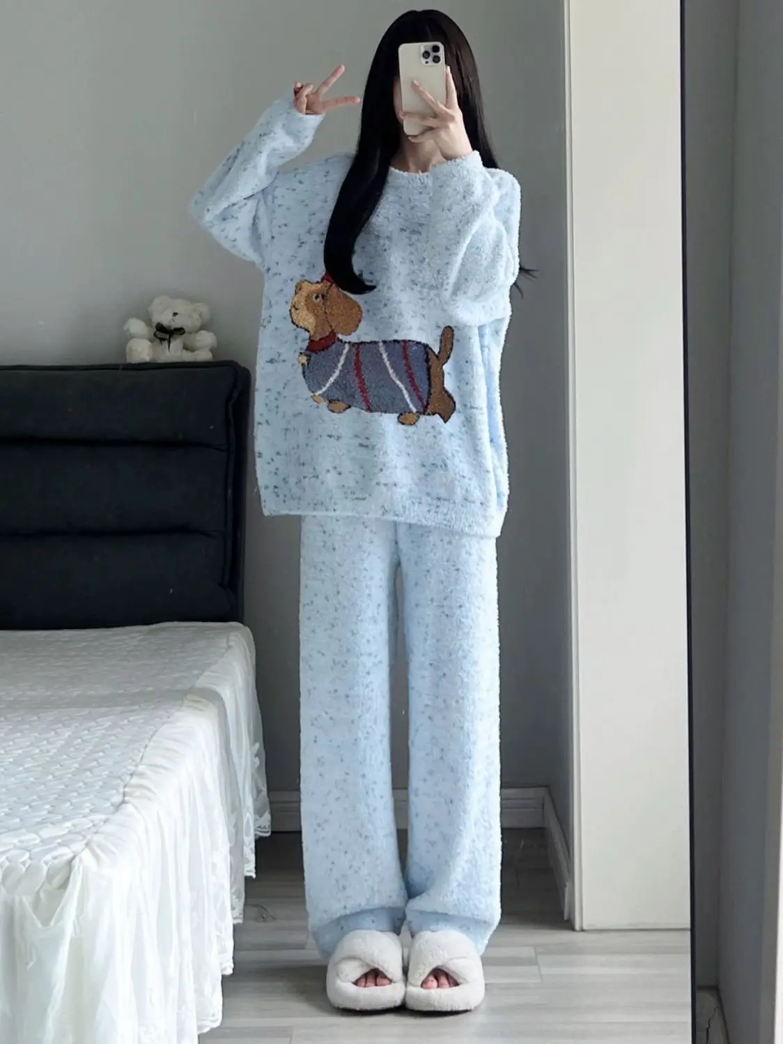 Coral Velvet Pajamas Women Winter Sweet Cute Dog Leisure Thickened Girls Homewear Blue Soft Warm Set