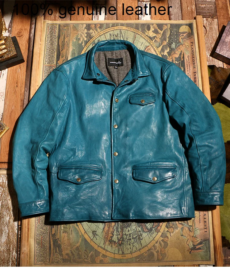 

Luxury men brand vintage High blue horsehide jacket.Popular quality Japan style Brakeman genuine leather coat.