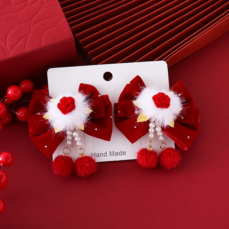 Kids New Year Headwear Chinese Style Hafu Plush Bow Kids Hair Clips Red Tassel Princess Girl Sided Clips Accessory New Year Gift 6