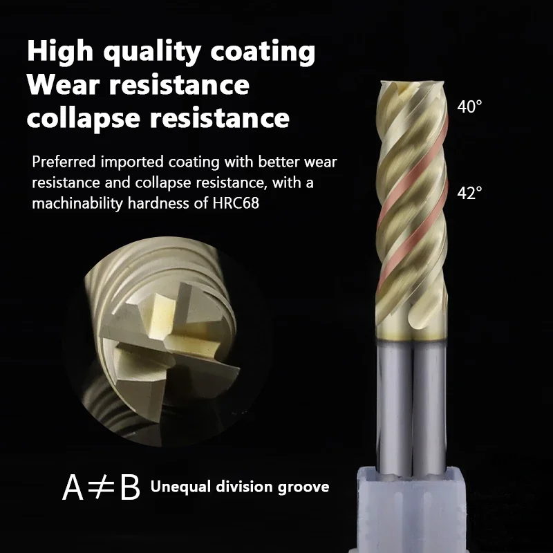 CNC Carbide End Mill HRC65 HRC68 Tungsten Cutter 4 Flute Metal Steel Unequal helix Machining Tool 1 2 34 5 6 7 8 9-20 Router Bit