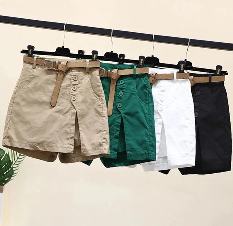 Chic Shorts Frauen Gürtel Koreanische Feste Tasten Seite Schlitzte A-line Streetwear Fashion Röcke Chic Harajuku Sommer Lose Hosen – Detail 6