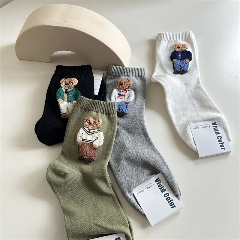 Women's Cartoon Bear Mid-Calf Cotton Socks Casual Sweater Female Socks Comfortable Long Middle tube
