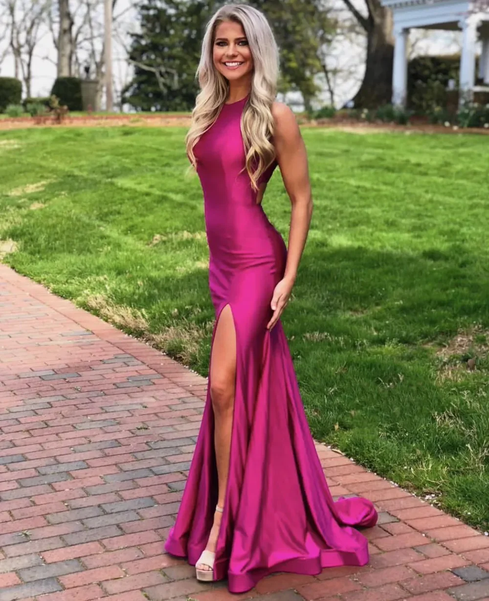 

Sexy Mermaid Round neck Halter Prom Dress Vestido De Festa Evening Gowns with Slit Skirt Cut-out Back Long Party Formal Dress