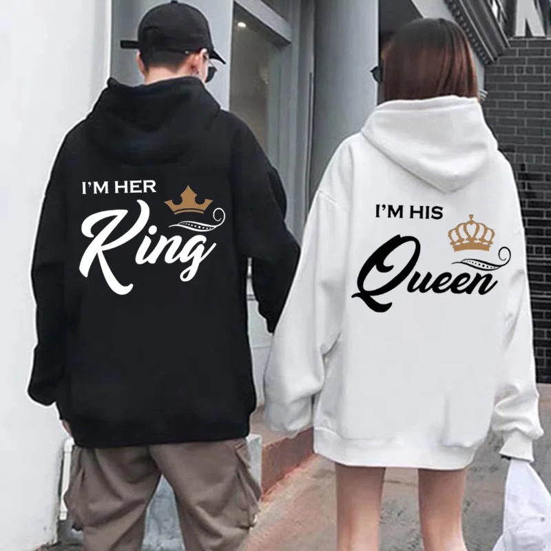 Fashion King & Queen Couple Hoodies Long Sleeve Pullover Couples Matching Outfits Streetwear Lovers Clothes Valentine Day Gifts