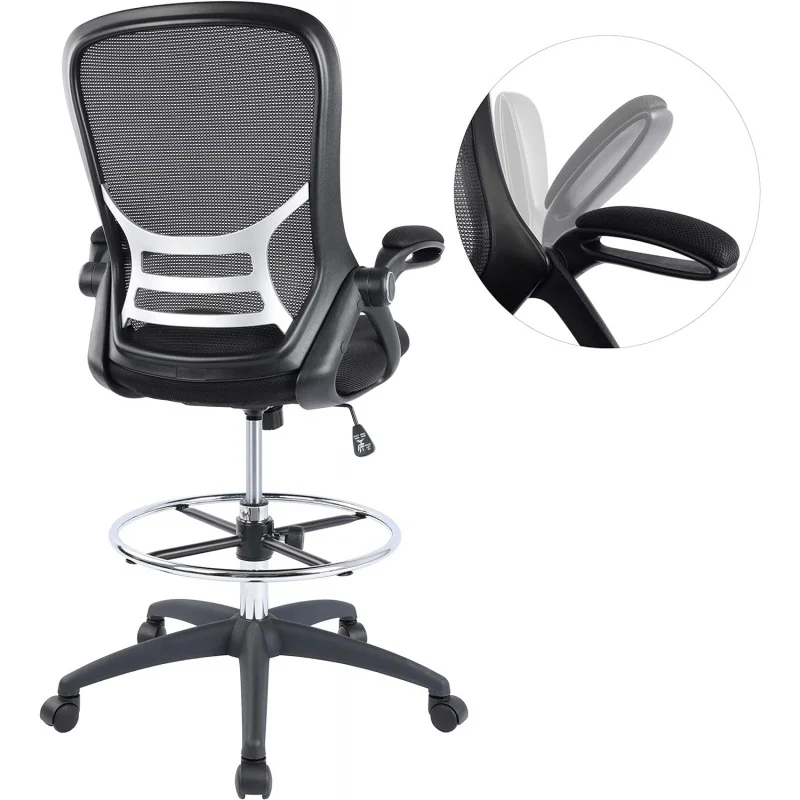 

High-Back Mesh Ergonomic Drafting Chair Tall Office Chair Standing Desk Stool with Adjustable Foot Ring and Flip-Up Arms (Black)