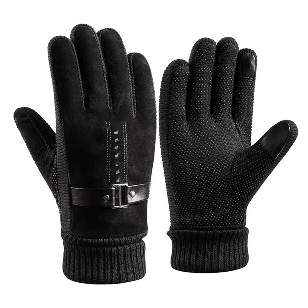 

For Male Driving Riding Glove Windproof Suede Non-slip Thicken Plush Winter Gloves PU Leather Men Gloves Korean Mittens