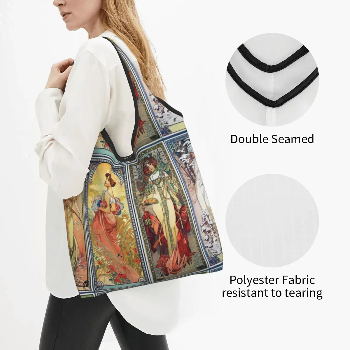 Alphonse Mucha Ablum Diary Shopping Bags Grocery Eco Bags Large Capacity Vintage Beautiful Women Recycling Washable Handbag
