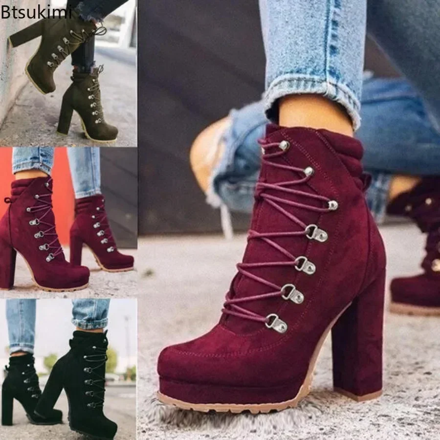

Women's High Heels Platform Ankle Boots Retro Autumn Winter Lace-Up Short Boots Female Oversized Martin Boots Zapatillas Mujer