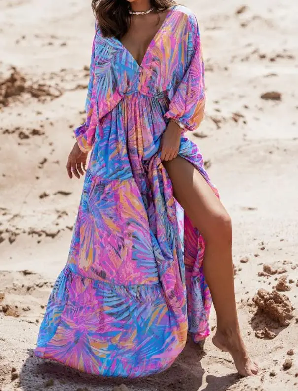 

Women V-Neck Long Sleeve Ruched Daily Vacation Slight Stretch Tropical Print High Slit Maxi Dress