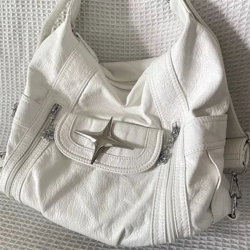 Shoulder Bag Ladies Handbag Crossbody Bag Xiuya Y2k Large Capacity Shoulder Bag White Pu Leather Cross Handbag American Style Punk Goth Fashion Simple Designer Handbag