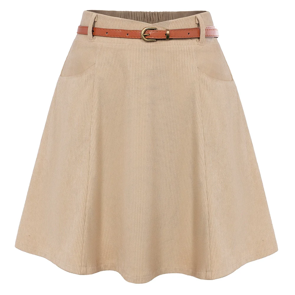 BP Women Vintage Corduroy Skirt With Belt Elastic Waist Mid-Thigh Slim Fit Above Knee A-Line Skirt Casual Fashion Lady Clothes