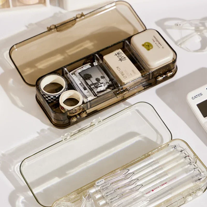 

Multifunction Kids Pen Stationery Box Kawaii Transparent Pencil Case Double Layer Office School Large Capacity Storage Organizer