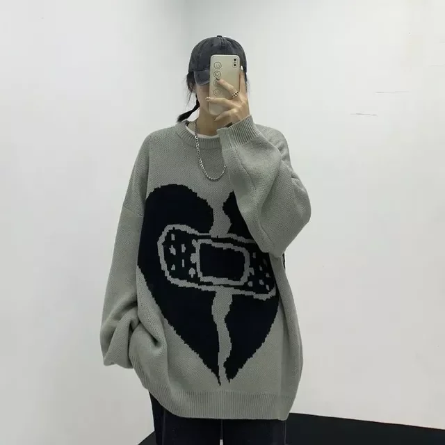 Ljubavni pulover Ženski ulični vintage jednostavni džemperi s okruglim izrezom Puloveri Modna široka ležerna pletena odjeća Ružičaste majice