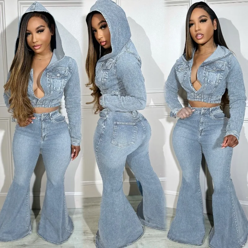 

Women Cargo Denim 2 Piece Set Long Sleeve Single Button Hooded Jackets Crop Top High Waist Flare Pants Casual Street Jeans Suits