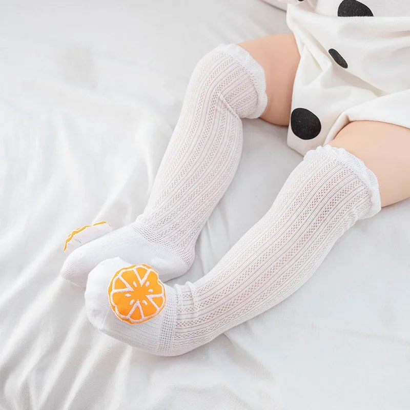 Spring Summer Thin Mesh Cotton Mosquito Silk Socks New Cartoon Fruit Doll Thigh Knee High Long White Stockings for Baby Newborn