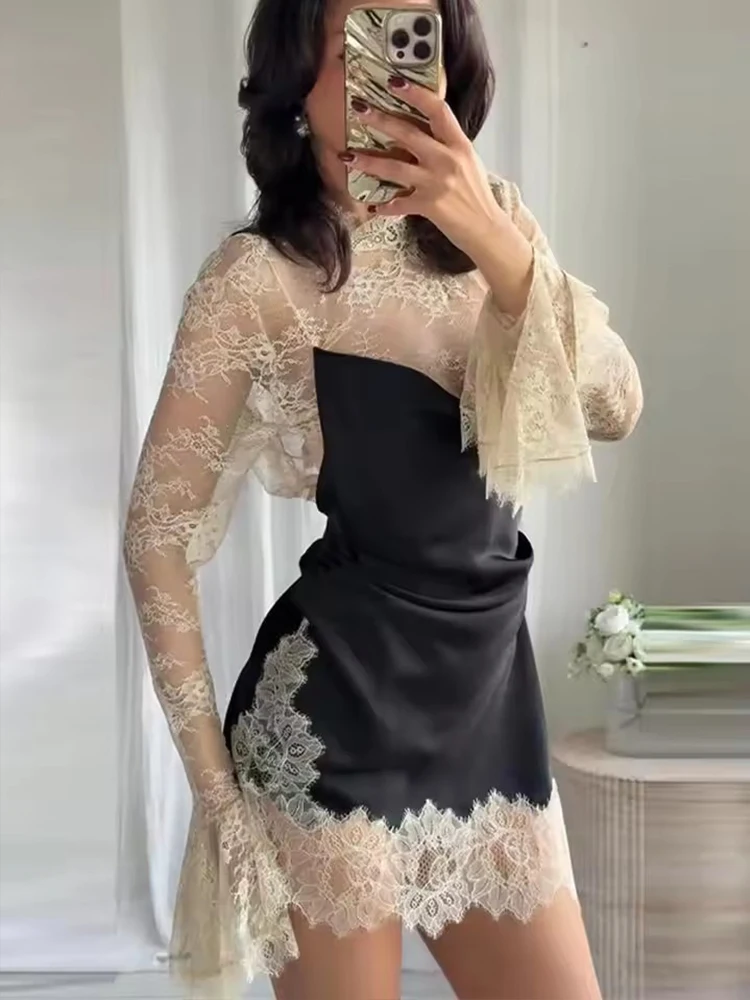 Sexy Lace Splice Mini Dress Woman Elegant Flared Sleeve See Through Short Dresses For Women Club Evening Party Dresses 2026 New