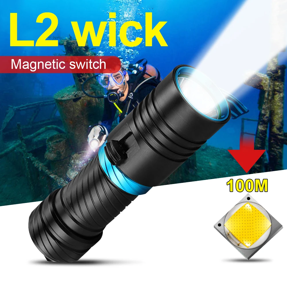 Professional Diving Torch IPX8 100M Diving Flashlight 18650 26650 Underwater Lamp Rechargeable Led Lantern Waterproof Flashlight