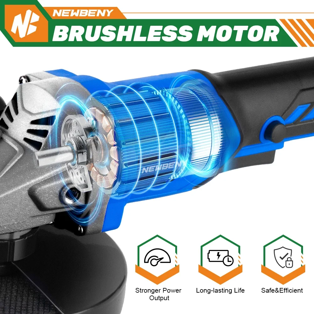 NewBeny Brushless Electric Angle Grinder 3 Gears 125mm Cordless Cutting Machine Woodworking Power Tools For Makita 18V Battery