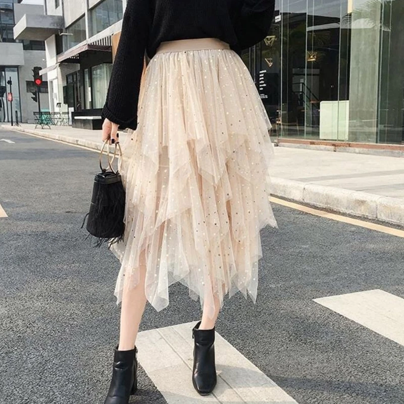 

Women Star Sequins Layered Mesh Tulle Formal Prom Party Midi Long Skirts