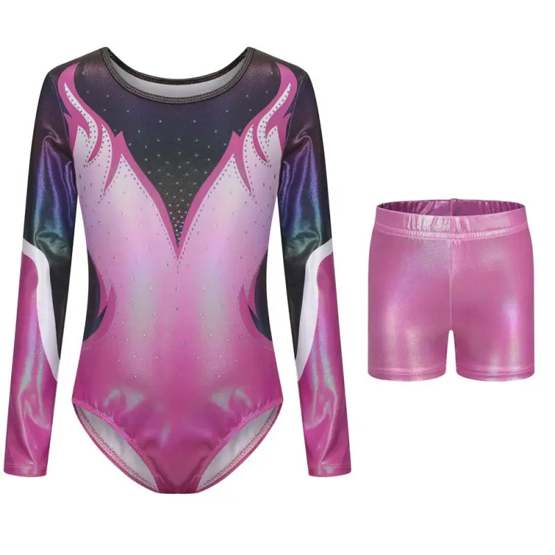 Kids Girls Gymnastics Leotard Ballet Dance Bodysuits With Shorts And Hairband Set Workout Figure Skating Long Sleeve Outfits