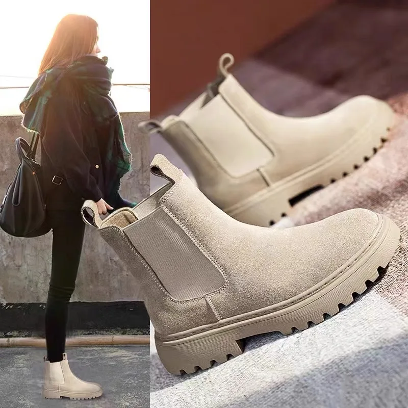 Female Autumn Booties Chelsea Boots Chunky Women Winter Cow Suede Ankle Boots Chaussures Homme