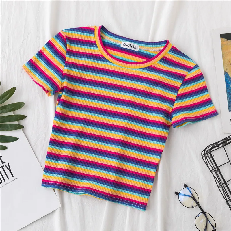 T-shirt Donna Righe Arcobaleno Larghe - Maniche Corte - Moda Casual Harajuku Baggy - Foto 4