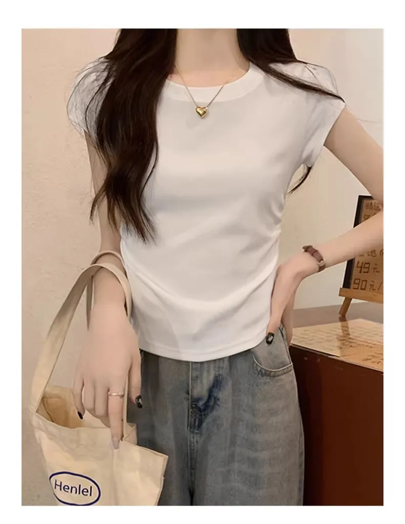 Women's Basic Solid Crop Top Short Sleeve Crewneck Skinny T-shirt Summer Casual Y2K Vintage Harajuku Streetwear