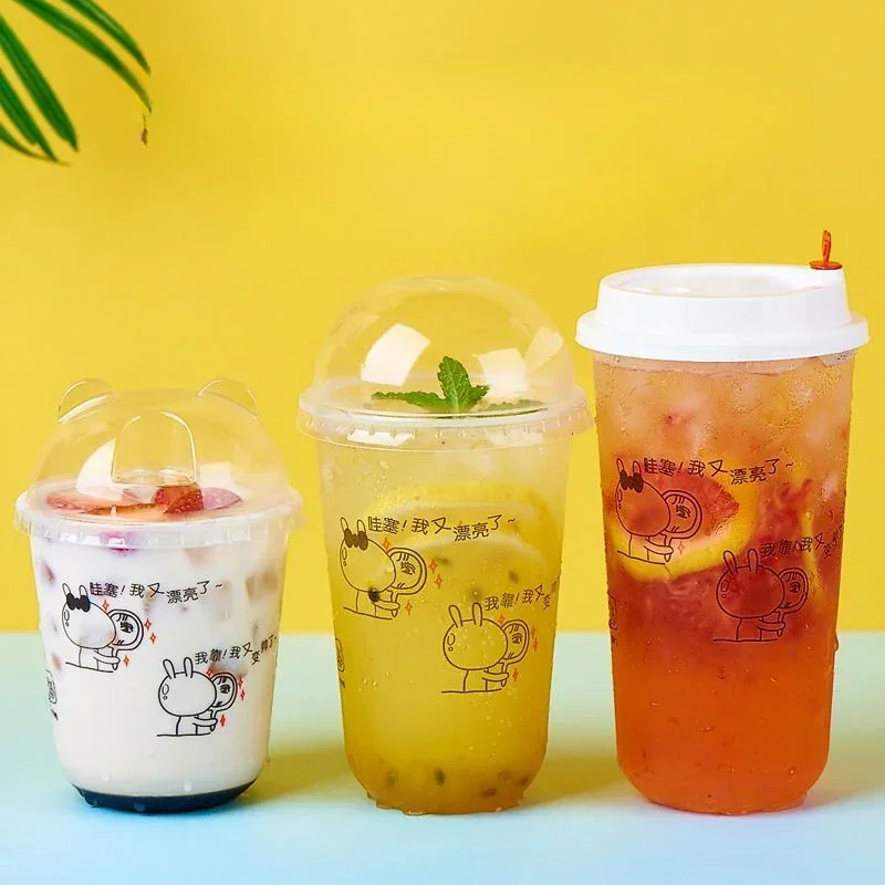 100pcs 90 Caliber U-shaped Cups with Lid 500ml/700mL Disposable Milk Tea Packaging Fruit Juice Coffee Takeaway Plastic Cup