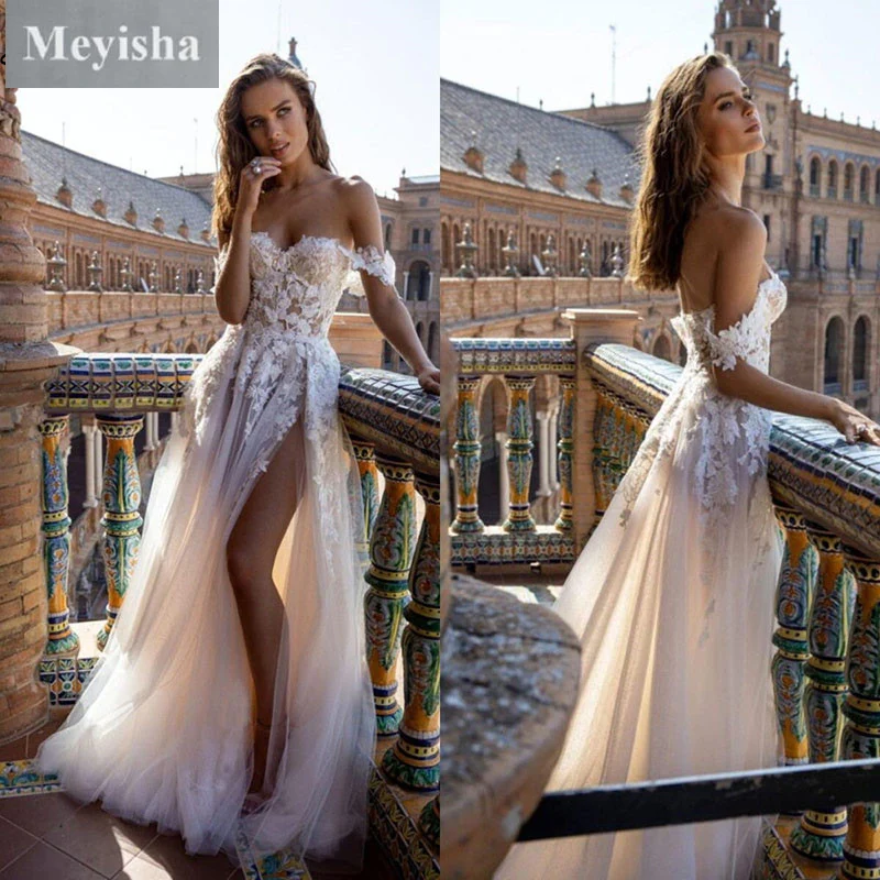 

ZJ9304 Vintage Beach Champagne 2023 Slit Tulle Wedding Dress For Bride Strapless Floor Length Bridal Gown Corset Back