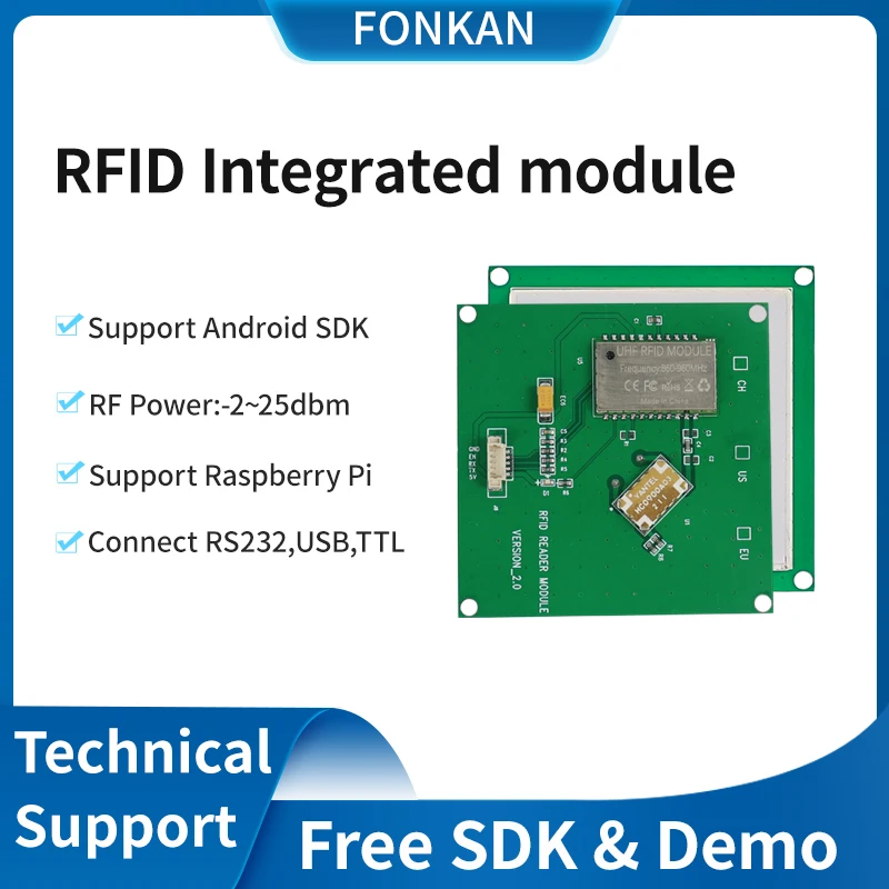 FONKAN ISO18000-6C 3M Rang UHF RFID Integrated Reader Module TTL232 with 4dbi Antenna 70*70MM  865-868Mhz 902-928mhz  Free SDK