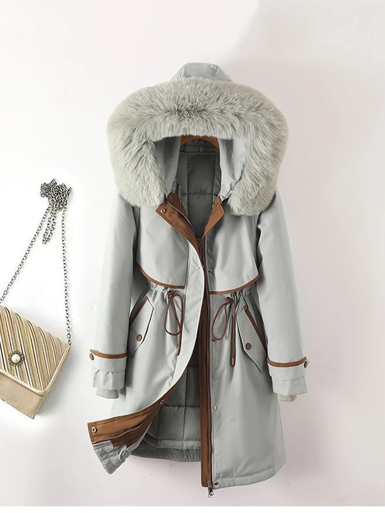 

Three Wears Women's Mid length Fur Parka Detachable Inner Liner Cotton Padded Coat Living Lining Plus Size 3XL Outerwear Coat