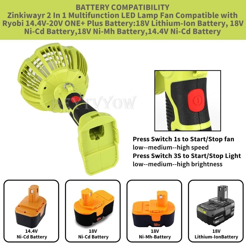 Cordless Fan Compatible with Ryobi 18v Battery with 300LM LED Light Portable Cam