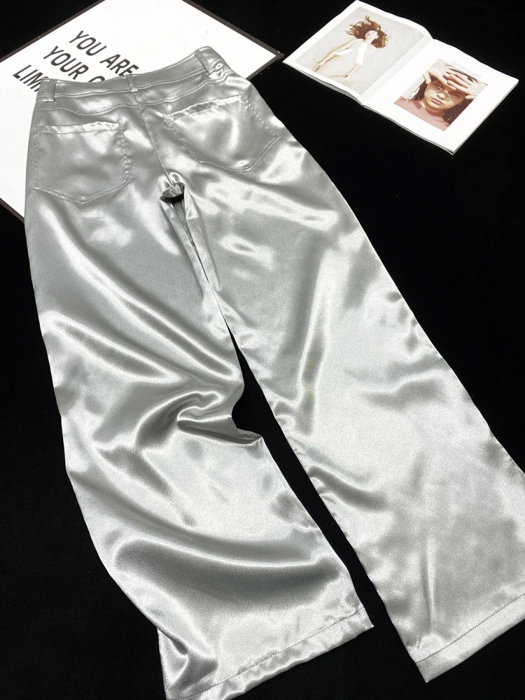YOZOU-pantalones de seda satinados brillantes plateados para mujer