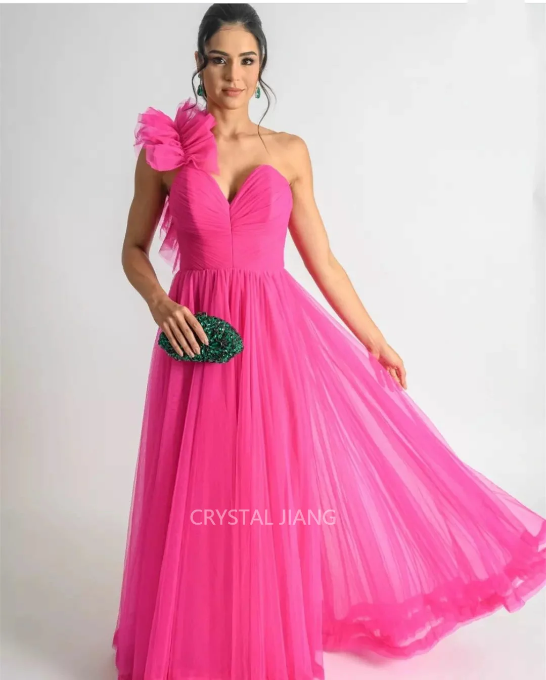 

Elegant Fuchsia Evening Dresses One Shoulder Tulle Sleeveless A Line Pleated Floor Length Vestidos Festas E Eventos