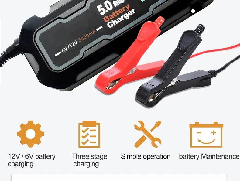 5000mA Vollautomatisches Auto- und Motorrad-Batterieladegerät, 6 V/12 V, intelligentes LCD-Display, Betreuer, Batterieladegerät für Auto, Wohnmobil, ATV, Boot – Detail 2