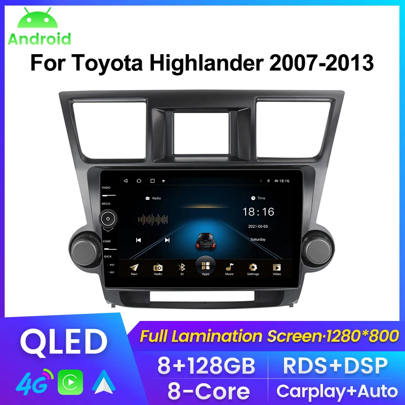 

QLED Screen Car Radio For Toyota Highlander 2 XU40 2007 - 2013 Multimedia Player Navigation GPS For Carplay Android auto No 2din