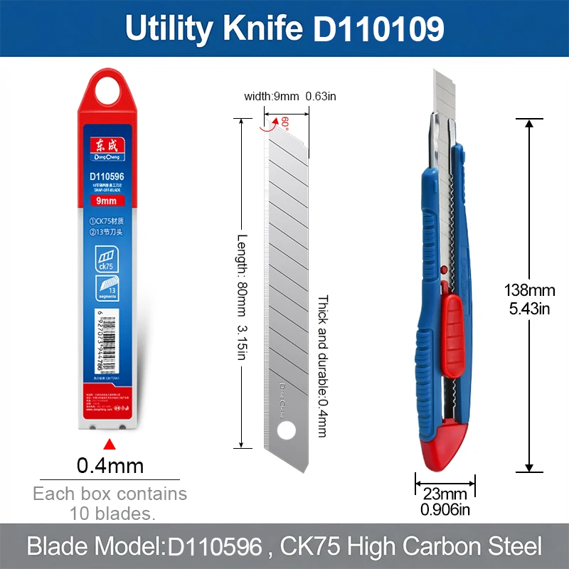 60 °   실버 블레이드 유틸리티 나이프 플라스틱 손잡이 + 10개 9mm 13-세그먼트 CK75 블레이드 종이 카펫 DIY용 날카롭고 내구성 있는 절단 도구