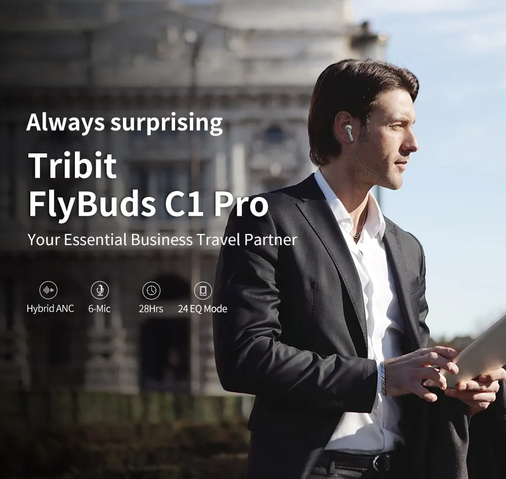 Tribit FlyBuds C1 Pro 트루 와이어리스 이어버드, 하이브리드 노이즈 캔슬링 블루투스 이어폰, 6 마이크 청력 보정, 36 시간 재생