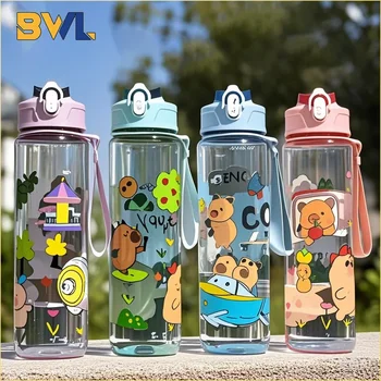 750ML Capybara Straw Cup Cute Cartoon Water Bottle with Carry Strap Leakproof Portable Sports Drinking Cup Children Water Bottle