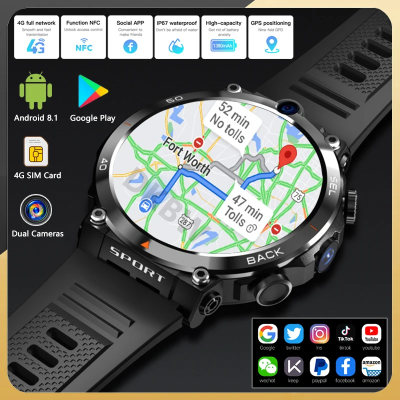 듀얼 카메라 스마트 워치, 4G 네트워크 블루투스 GPS 와이파이 SIM 카드, NFC 통화, 구글 플레이, 안드로이드, 남녀공용 패션 스마트워치, 1.39 인치