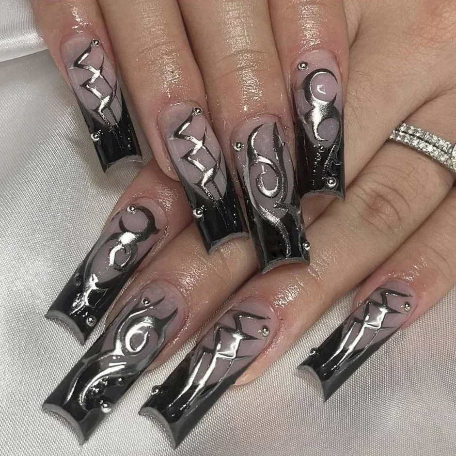 24pc Coffin False Nails With Design French Crocodile Print Acrylic Fake Nails Full Cover Press On With Glue
