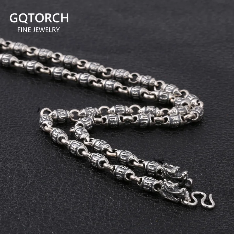 

925 Sterling Silver Mantra Beads Necklace for Men With Dragon Heads Punk Style Necklace Jewelry 6mm