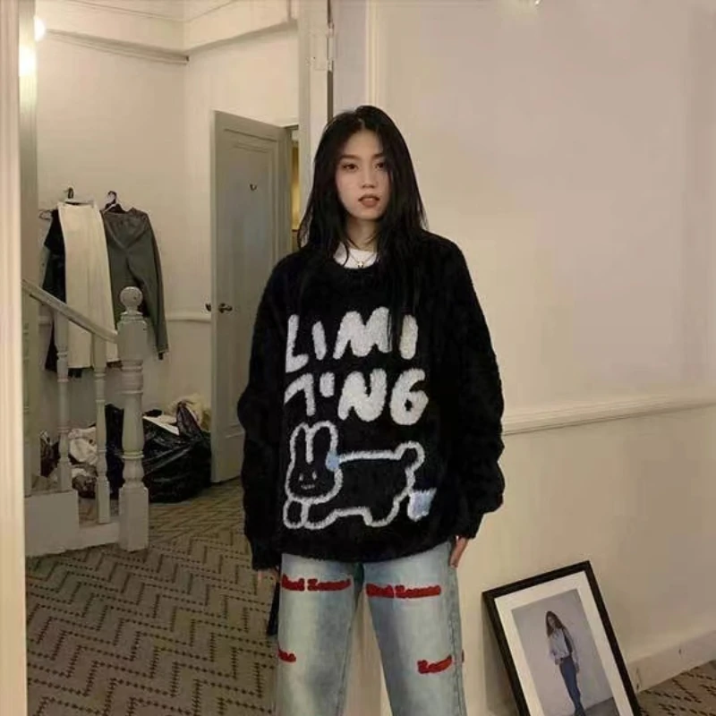 Korean Version Sweet Rabbit Cute Fluffy Sweater Women Autumn Winter New Loose Lazy Jacquard Knit Y2K Top Winter 2023 New Style